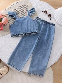 2pcs/Set Young Girl' Cute Retro Bow Print Flutter Sleeve Denim Top And Matching Denim Pants Set, Soft & Comfortable Casual Summer Outfit - Medium Wash - View 2