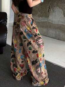 Women's Cartoon Print Wide Leg Pants, Loose Casual Trousers Spring - Khaki - View 3