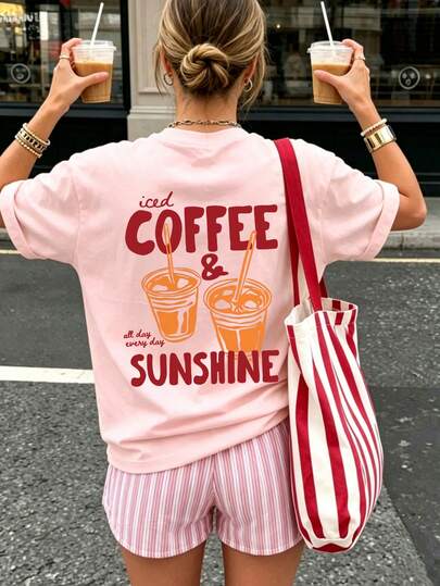 女士宽松圆领短袖T恤，咖啡主题，咖啡爱好者印花，适合度假、办公、外出、日常、约会、派对、聚会、街头、节日、音乐节、情人节、派对等场合，粉色