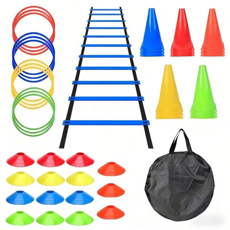 1 Set Outdoor Agility Ladder Training Kit, Includes Football Training Equipment: Agility Ladder, Resistance Bands, Marker Discs, High Jump Rope And Storage Bag - (Set 3) 1 Agility Ladder + 36 Sign Discs - View 1