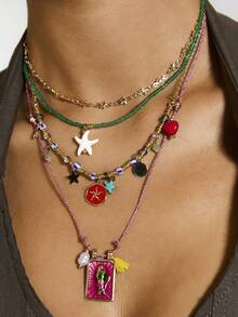 Kryxie 4pcs Bohemian Handmade Beaded Colorful Square Fish & Starfish Pendant Multilayer Necklace Set For Women, Suitable For Daily, Party, Beach, All Seasons - Multicolor - View 2