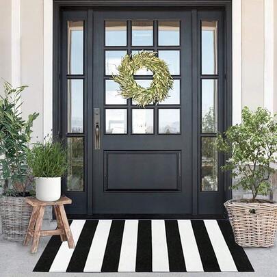 Black And White Striped Rug Striped Layering Mats, Handmade Woven Indoor Outdoor Doormats Striped Rug Kitchen/ Laundry/ Bathroom/ Living Room