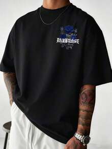 Men's Short-Sleeved T-Shirt With Rose Print, Simple And Versatile, By Zrgoth. - Black - View 2