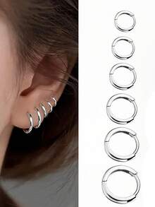 Pendientes de aro pequeños redondos de 8mm/10mm/12mm/14mm/16mm/18mm, aretes unisex minimalistas de uso diario con un aspecto genial y capas, en plata y oro - Plateado - Ver 3