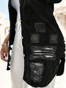 Women's Casual Mid-Length Distressed Washed Denim Jacket, Autumn Spring - màu đen - Xem 6