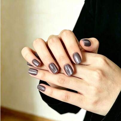 24pcs Square Nail Stickers To Enhance Your Fashion Style! Fashionable Design, Shiny Brown Square Cat Eye Nails, Includes 1pc Jelly Gel And 1pc Nail File. These French Manicure Nail Stickers Are Suitable For Women's Daily Work, Holiday Parties And Various Occasions.