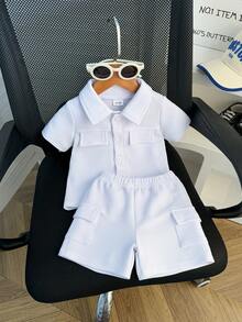 两件套男婴休闲时尚校园清凉白领短袖衬衫和白色短裤套装，适合拍照、上学、夏季街头穿着 - 白色 - 查看 1