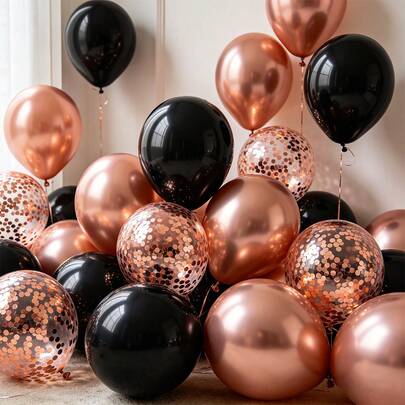 21/36pcs 10-Inch Black And Rose Gold Latex Balloons Set, Includes Rose Gold Ribbons And Confetti Balloons, Suitable For Theme Parties, Birthdays, Baby Showers, Bachelorette Parties, Weddings, Valentine's Day, Engagements, Anniversaries, Photoshoots And More Indoor/Outdoor Decorations