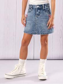 Young Girl's Sweet & Cute Light Wash Denim Bow Decor Hip-Covering Skirt, Fashionable Elastic Waist, Suitable For All Seasons - Light Wash - View 17