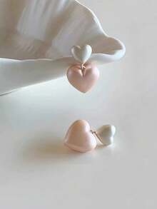 1 Pair Delicate Enamel Heart Shaped Earrings, Minimalist Sweet Design, Suitable For Daily Wear, Commute And Dates - White + Pink - View 5
