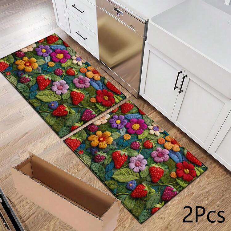 2D Strawberry Floral Print Rug, Soft & Durable Washable Floor Mat For Entryway, Porch, Indoor - Living Room, Bathroom, Bedroom, Game Room, Laundry Room, Dorm Decor - Multicolor - View 14