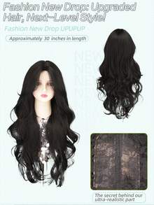 30 Inch Elegant Black Long Loose Wavy Wig With Middle Part Bangs, Soft Fluffy Long Wavy Heat-Resistant Synthetic Fiber Wig, Suitable For Women, Great For Vacation, Party And Daily Wear - Multicolor - View 5