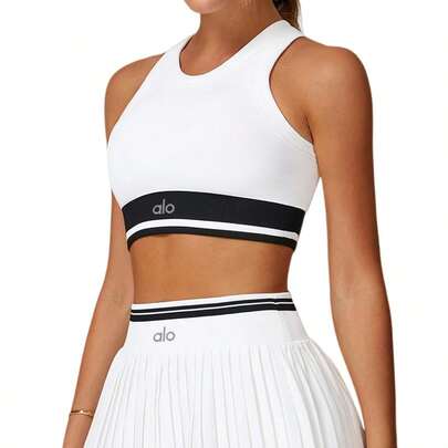  ALO Yoga Sports Vest For Women, High-Elasticity Slim Fit Yoga Wear, Tennis Apparel, Running Fitness Sports Top, White