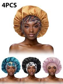 4pcs Women's Silk Sleep Cap, Elastic Wide-Banded Printed Soft Silk Sleep Hat Suitable For Curly Hair (Random Printed Pattern) - Multicolor 4pcs - View 4