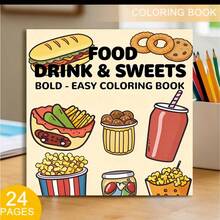 Libro para colorear de líneas gruesas fácil para niños sobre comida, bebida y postres, 24 páginas (papel grueso de 120 g/m²) Versión de lujo mejorada, adecuado para relajación de adultos, reuniones familiares y decoraciones festivas (Pascua, Acción de Gracias, Navidad, Año Nuevo, Día de San Valentín) - Una pieza - Ver 1