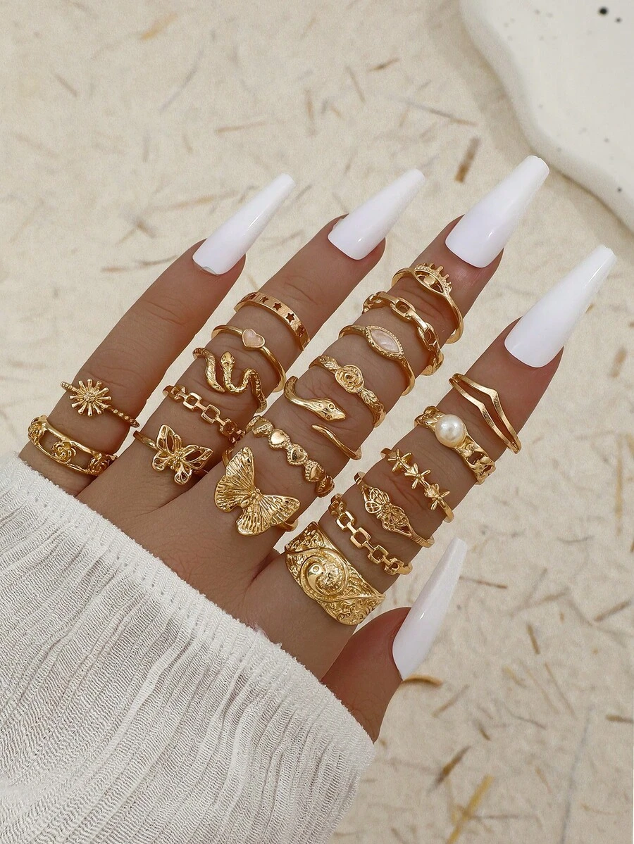 20pcs INS Style Vintage Butterfly, Heart, Snake, Eye, Thorn Chain Rings Set, Rhombus Oil Drop Rings Set For Women - Gold - View 1