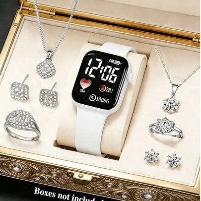 Đồng hồ mô phỏng tuổi teen, dây đeo silicon trắng, họa tiết trái tim, đồng hồ kỹ thuật số LED vuông và bộ trang sức dây chuyền, nhẫn và bông tai bạc rỗng, món quà sinh nhật tuyệt vời nhất dành cho phái nữ, phù hợp cho sử dụng hàng ngày, dự tiệc, lễ hội, tựu trường.