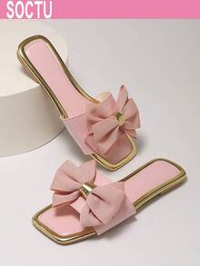Sandalias planas de punta cuadrada con lazo rosa, estilo vacacional, sandalias de playa de una tira para mujer, de moda y versátiles - Rosa Pálido - Ver 3