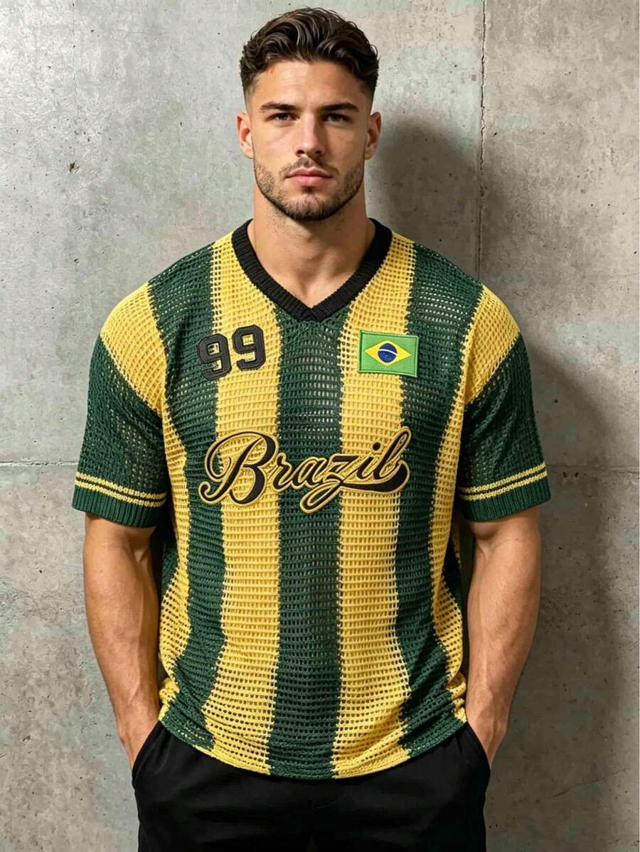 Vintage Sports Jersey V-Neck Striped Short Sleeve T-Shirt, Spring/Summer - Green - View 1