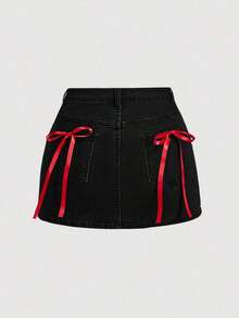 MOD Women Casual Short Denim Skirt With Bow Decor - 淺粉色 - 查看 5