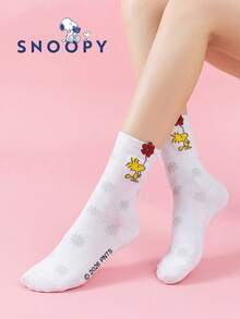 SNOOPY 1雙正版史努比圖案女款白色中筒襪，適合夏季卡通設計時尚襪可愛白色女襪 - 白色 - 查看 10
