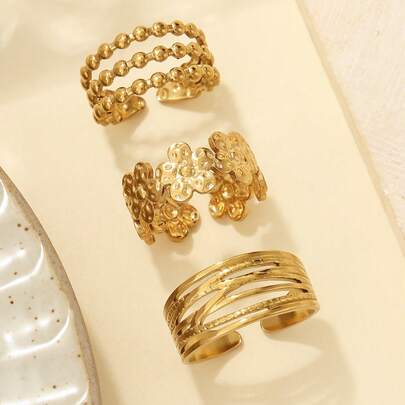 3pcs 18K Gold Plated Stainless Steel 304 Adjustable 5-Petal Flower Bead Decor Rings Set, High Quality Jewelry For Women Daily Wear Or Gift