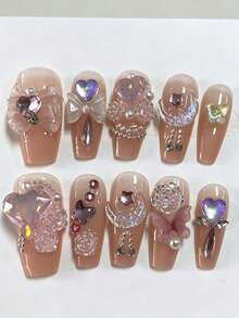 Set de 10 pegatinas para uñas de estilo princesa rosa desnudo, con decoración de lazo 3D, rosa y corazón de strass, adecuado para citas, fotos, combinación diaria, aplicable durante todo el año, incluye 1 botella de gel de gelatina y 1 lima de uñas - Albaricoque - Ver 3