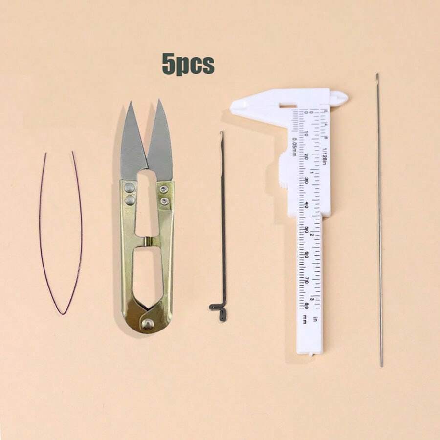 Bộ dụng cụ thủ công DIY 5 món mới, bao gồm kéo xâu hạt, dụng cụ xỏ chỉ, thước kẻ, kim xâu hạt và móc len. - Nhiều màu - Xem 1