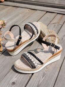WRCVS Sandal Wedges Tali Anyaman Hitam, Sandal Liburan Musim Panas Sol Tebal dengan Alas Tali, Sepatu Penambah Tinggi Badan Gaya Bohemian dengan Motif Acak - Hitam - View 5