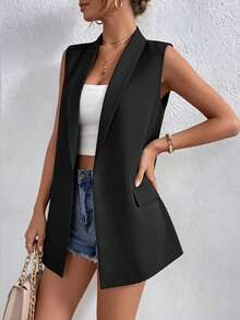 女士优雅无袖西装背心，宽松休闲百搭时尚夏季外套，黑色 - 黑色 - 查看 2