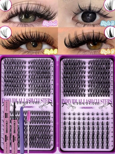 608/544/528 Clusters Individual False Eyelashes, 9-16mm Mixed Length Large Capacity Eyelash Book, 4 Styles In One Box, Wispy And Natural Eyelash Extension Kit, Lashes Clusters With Lash Bond, Seal Lash Brush And Tweezer, Beginners Friendly, Suitable For Home, Travel, Party And Gift