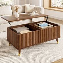 Modern Retro-Style Coffee Table, Height-Adjustable Tabletop, Wavy Structure, Walnut Finish, Wooden Legs, Ample Storage Space, Multifunctional Living Room Table. - Walnut Wood Color - View 3