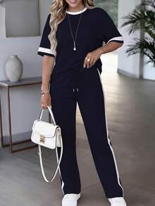 Conjunto de 2 piezas para mujer de primavera/verano, top de manga corta de cuello redondo y contraste de color casual y versátil, y pantalones rectos de cintura alta con cordón, elegante - Borgoña + Gris - Ver 7