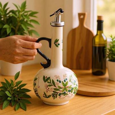1pc Hand-Painted Lemon And Blueberry Olive Oil Bottle And Cruet Set; Elegant Yellow Lemon Floral Design Ceramic Soy Sauce, Vinegar And Oil Cruets; Decorative Kitchen Cruets; Ideal For Home Kitchens As Soy Sauce, Vinegar And Seasoning Bottles; Leak-Proof Soy Sauce Bottles; Perfect As Gifts