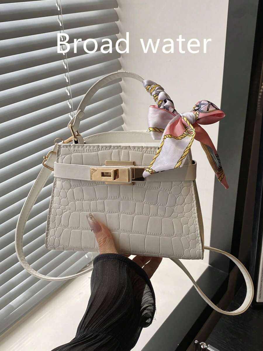 Crocodile Embossed Scarf Decor Flap Cover Tote Bag, Solid Color Embossed Handbag With Fashionable Metal Lock Decor, Mini Shoulder Crossbody Bag For Home, Shopping, Commuting
