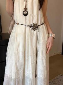 1 chiếc dây thắt eo nữ màu cà phê, chất liệu polyester, kiểu dáng bohemian, dệt họa tiết vỏ dừa và hoa sen, có thể tùy chỉnh theo sở thích. - Cà phê - Xem 3
