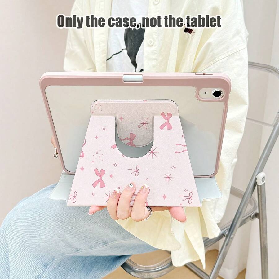 1个翻盖式桌面保护套，粉色蝴蝶结和星星/爱心图案，360°旋转支架，内置笔槽，PU皮革材质，带自动休眠/唤醒功能，兼容华为/苹果手机，适合返校季、情人节、节日礼物 - 彩色 - 查看 1