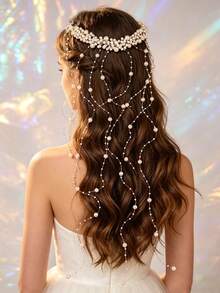 1 Peça Delicada Corrente de Cabelo com Borla de Pérolas Falsas Brancas, Adequada para Dança, Acessório de Cabelo para Meninas - Multicolorido - Visão 1