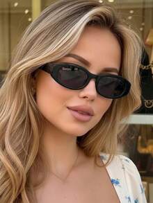 1 par de gafas de moda con montura ovalada de PC negra para mujer, gafas de moda minimalistas de unicolor casual y elegante - Negro - Ver 1