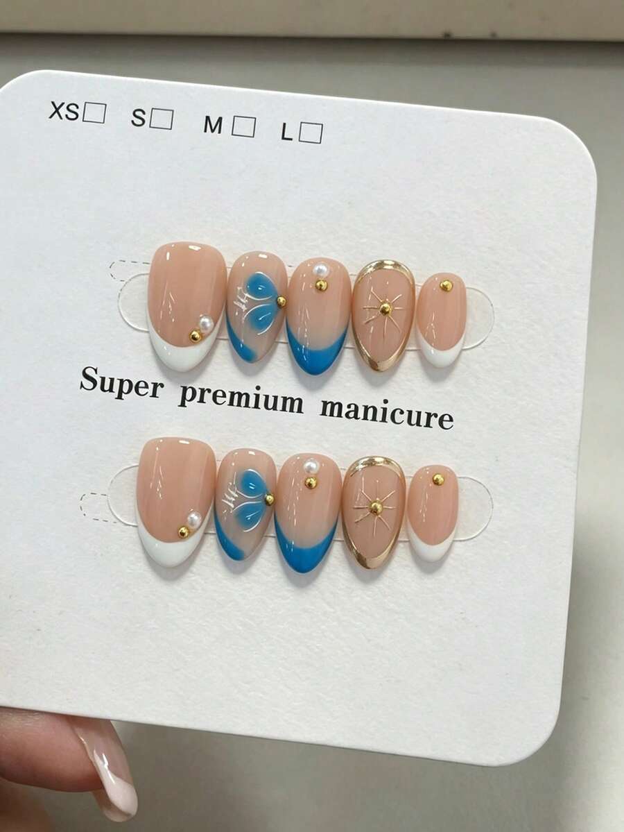 10片手工制作的短款杏仁形蓝白法式美甲贴纸，金箔包边，手绘图案，珍珠点缀，简约优雅，适合女性和女孩，春、夏、秋、冬皆宜，也适合派对和日常佩戴。 - 藍白色 - 查看 1