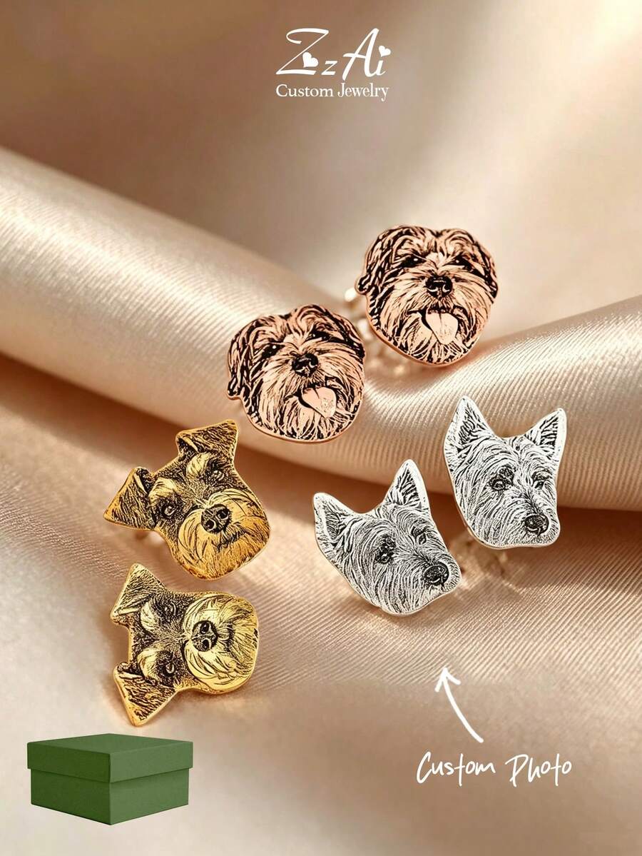 [ZzAi Custom]1pc Customized Pet Portrait Earrings, Suitable For Cat Lovers, Personalized Dog Name Stud Earrings, Women Cat Mom Gift, Pet Memorial Gift - Cut-out Style - Multiple Colors - View 1