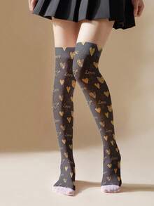 1 đôi / 2 đôi tất dài đến đùi in hình trái tim 360°, chất liệu 50D co giãn cao, ôm sát chân, ngọt ngào và cá tính, thích hợp cho hẹn hò, đi làm và phối đồ. - màu đen - Xem 3