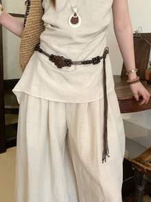1pc Women's Coffee Color Polyester Bohemian Beaded Braided Waist Rope - Coffee - View 2