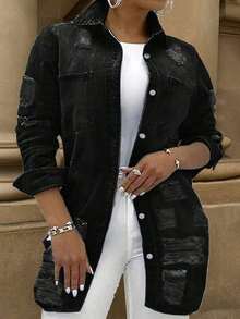 Women's Casual Mid-Length Distressed Washed Denim Jacket, Autumn Spring - màu đen - Xem 2