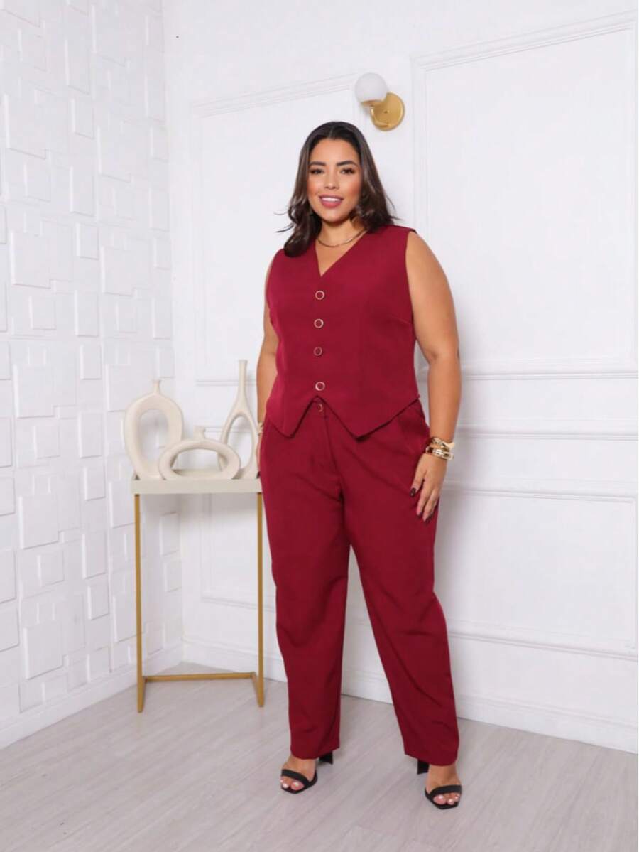 Women's Plus Size Skinny Pants And Tailored Vest Set - Elegant Formal Wear - Màu Đỏ Sâu - Xem 1