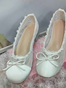 Gentle Princess Style Wedding Shoes Bridesmaid Shoes Lace Mesh Ruffle Bow Ballet Mary Jane Women's Shoes Slimming Foot Crystal Transparent Heel Breathable Versatile - White - View 13