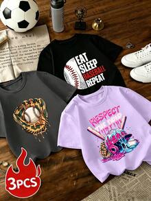 3pcs/Set Boys' Sports Style Baseball & Colorful Letter Print Round Neck T-Shirts, Comfortable & Fashionable Daily Wear, New Summer Collection - Multicolor - View 2