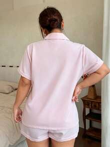 Dreamivo 2pcs/Set Plus Size Women's Crinkle Black Solid Color Summer Pajama Set, Short Sleeve Button-Up Shirt And Shorts, Casual Loungewear - Pink - View 4