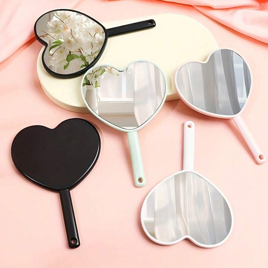 1pc Mini Heart-Shaped Makeup Mirror With Handle, Plastic Handheld High Definition Mirror With Makeup Hole, Portable Plastic Hanging Makeup Mirror