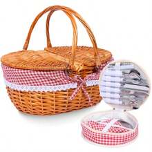 Juego de cesta de mimbre para 4 personas con tapa y asa cesta de picnic con forro lavable y juego de cubiertos para exteriores camping Halloween Navidad y cumpleaños - Rojo y blanco - Ver 2